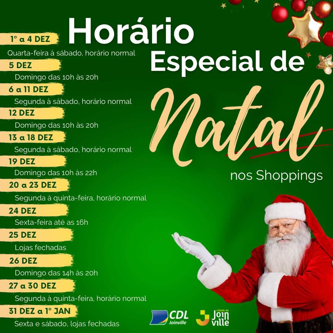 Comércio adota horário especial de Natal a partir deste sábado – CDL  Joinville